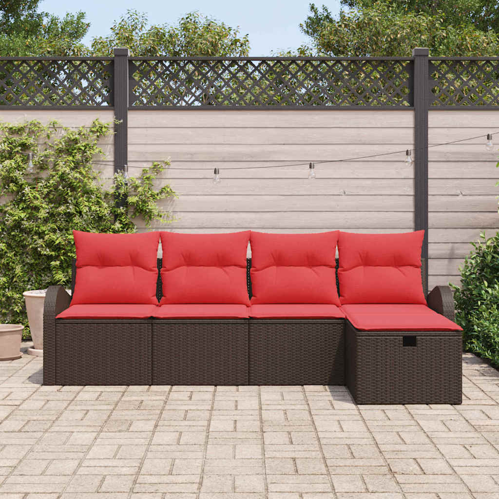 Sofa Set mit Kissen 5 pcs Braun und Rot Poly-Rattan