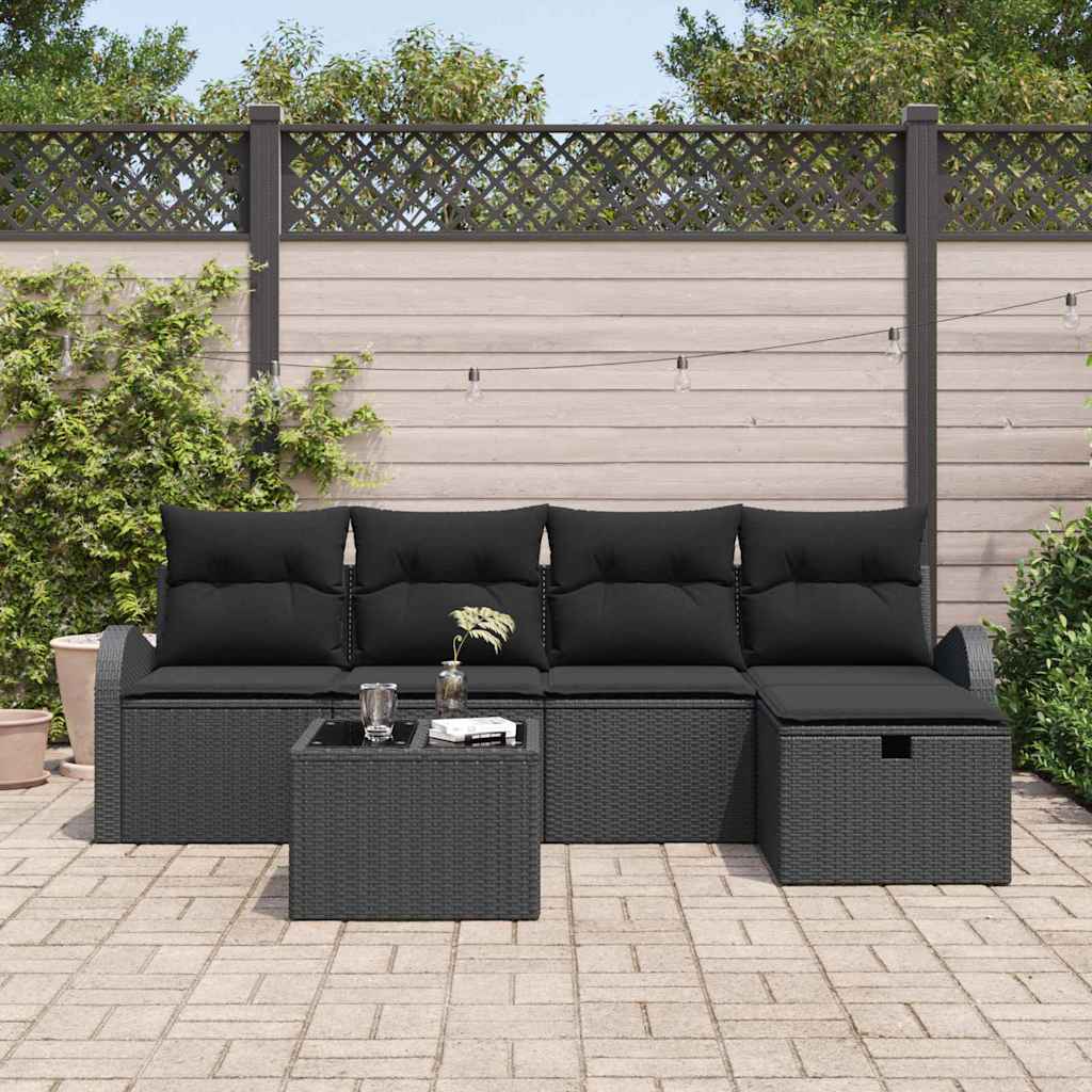 Sofa Set mit Kissen mit Speicher 6 pcs Schwarz Poly-Rattan