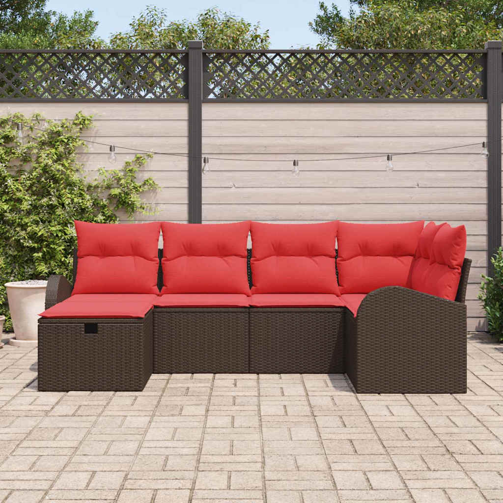 Sofa Set mit Kissen 6 pcs Braun und Rot Poly-Rattan