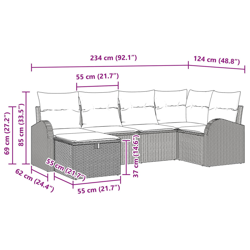 Sofa Set mit Kissen 6 pcs Braun und Rot Poly-Rattan
