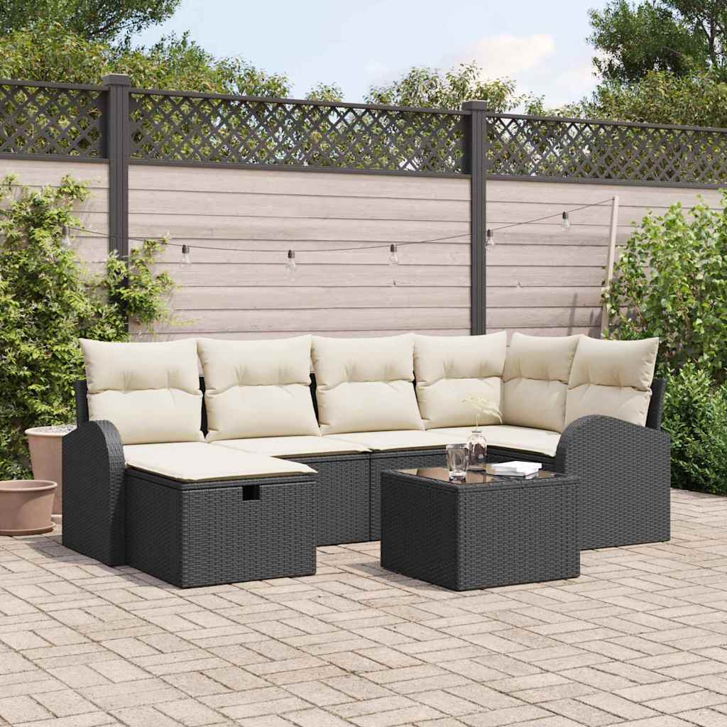 Sofa Set mit Kissen 7 pcs Schwarz und Creme Poly-Rattan