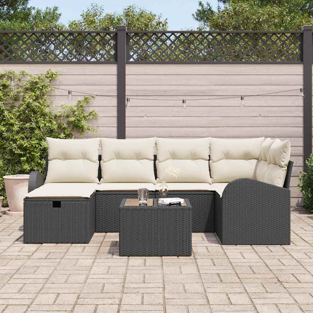 Sofa Set mit Kissen 7 pcs Schwarz und Creme Poly-Rattan