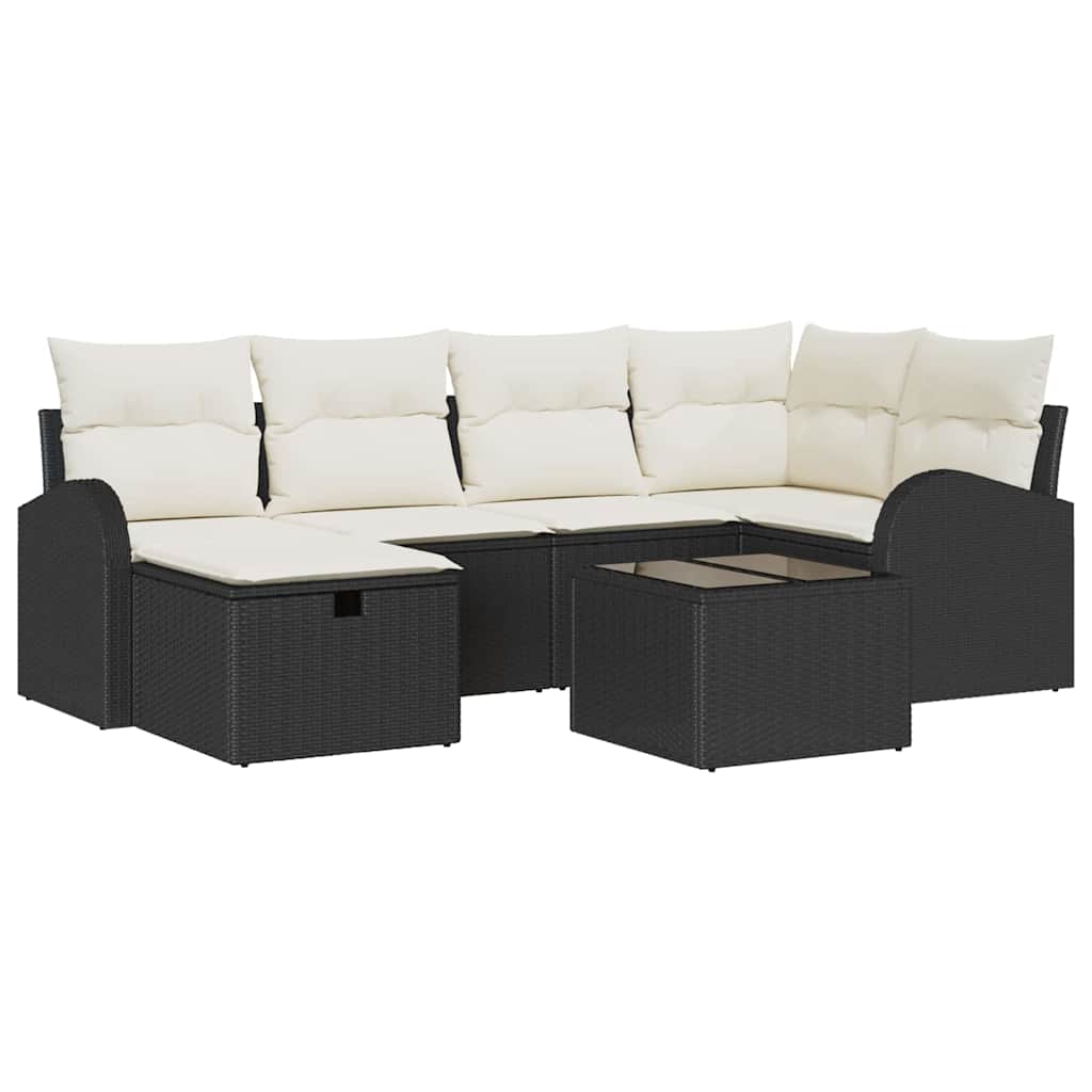 Sofa Set mit Kissen 7 pcs Schwarz und Creme Poly-Rattan