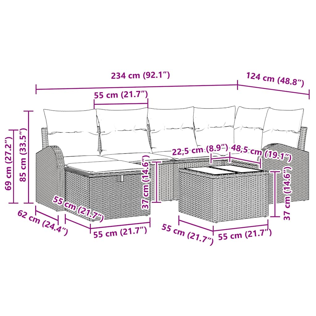 Sofa Set mit Kissen 7 pcs Schwarz und Creme Poly-Rattan
