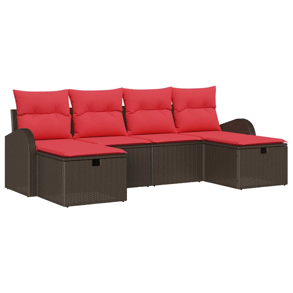 Sofa Set mit Kissen 6 pcs Braun und Rot Poly-Rattan