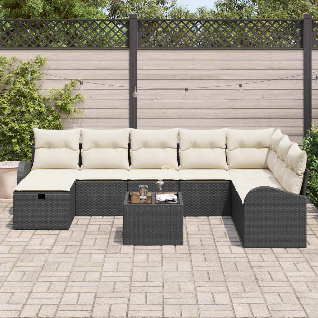 Sofa Set mit Kissen 9 pcs Schwarz und Creme Poly-Rattan