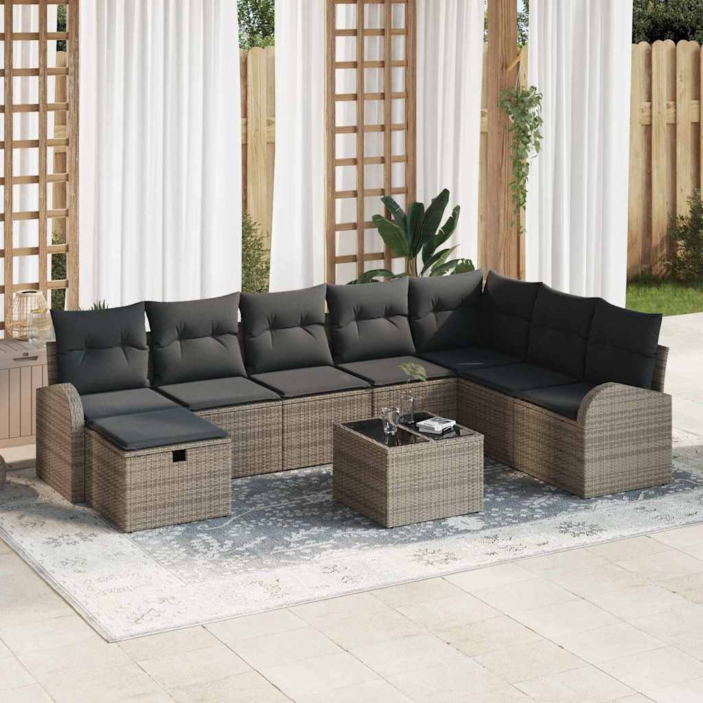 Sofa Set mit Kissen mit Speicher 9 pcs Grau Poly-Rattan