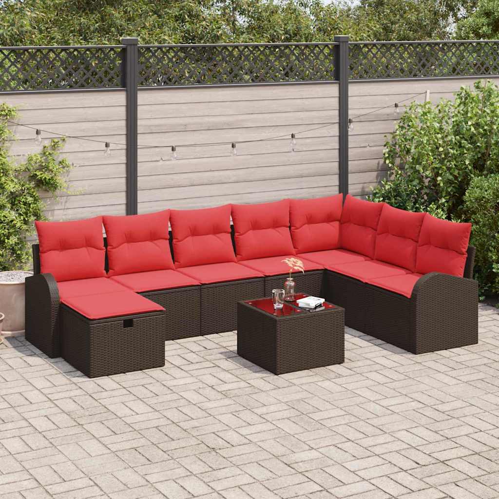 Sofa Set mit Kissen 9 pcs Braun und Rot Poly-Rattan