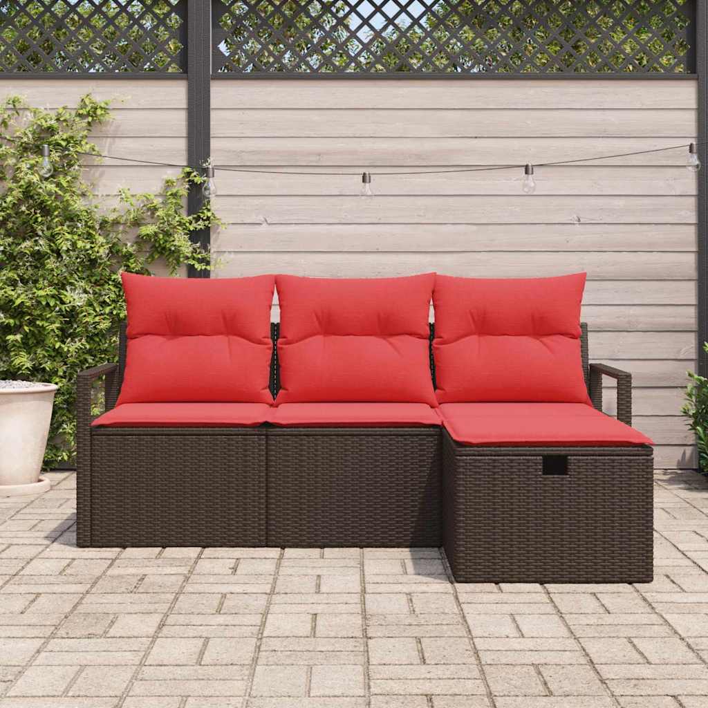 Sofa Set mit Kissen 4 pcs Braun und Rot Poly-Rattan