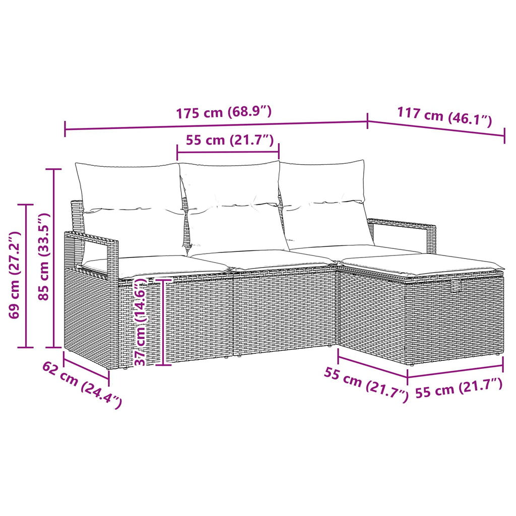 Sofa Set mit Kissen 4 pcs Braun und Rot Poly-Rattan