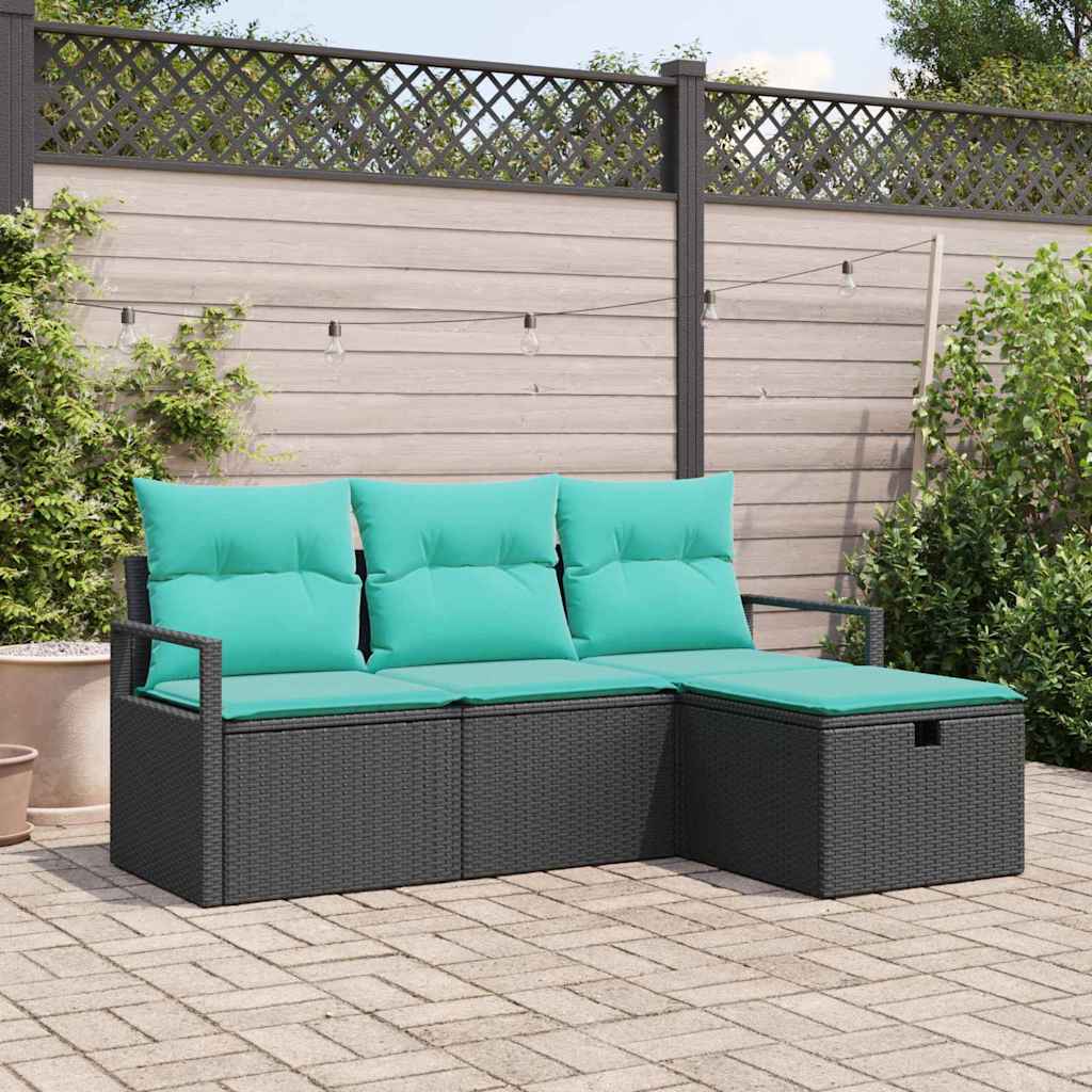 Sofa Set mit Kissen 4 pcs Schwarz und Türkis Poly-Rattan