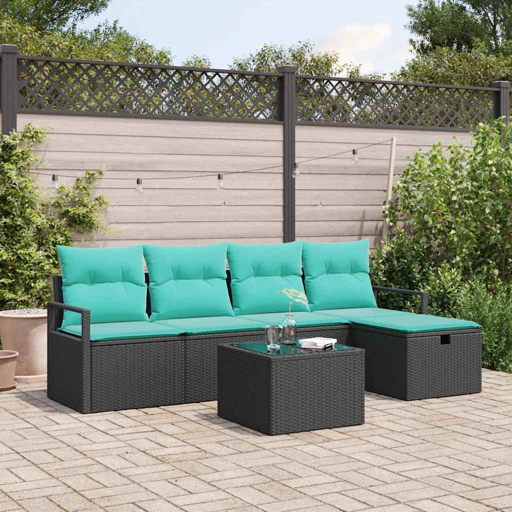 Sofa Set mit Kissen 6 pcs Schwarz und Türkis Poly-Rattan