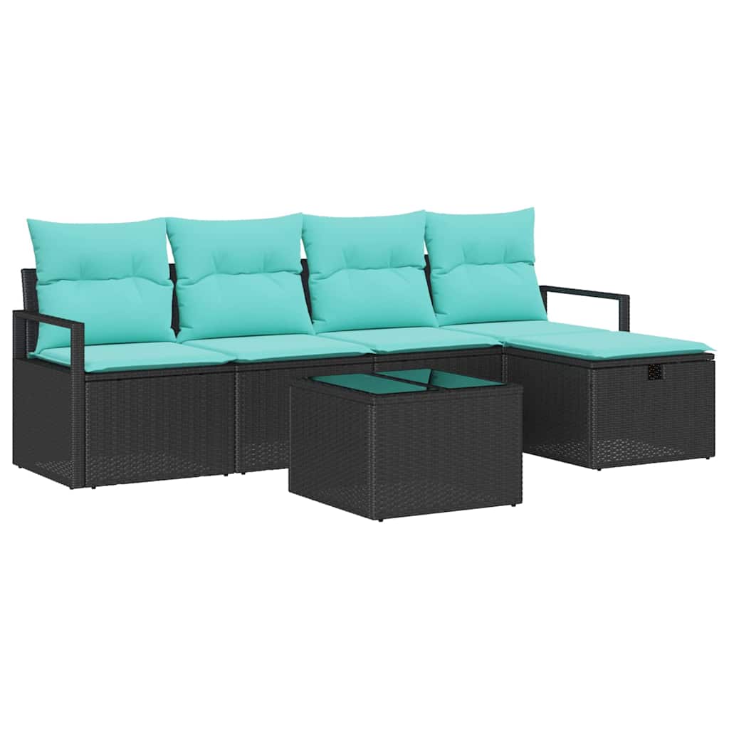 Sofa Set mit Kissen 6 pcs Schwarz und Türkis Poly-Rattan
