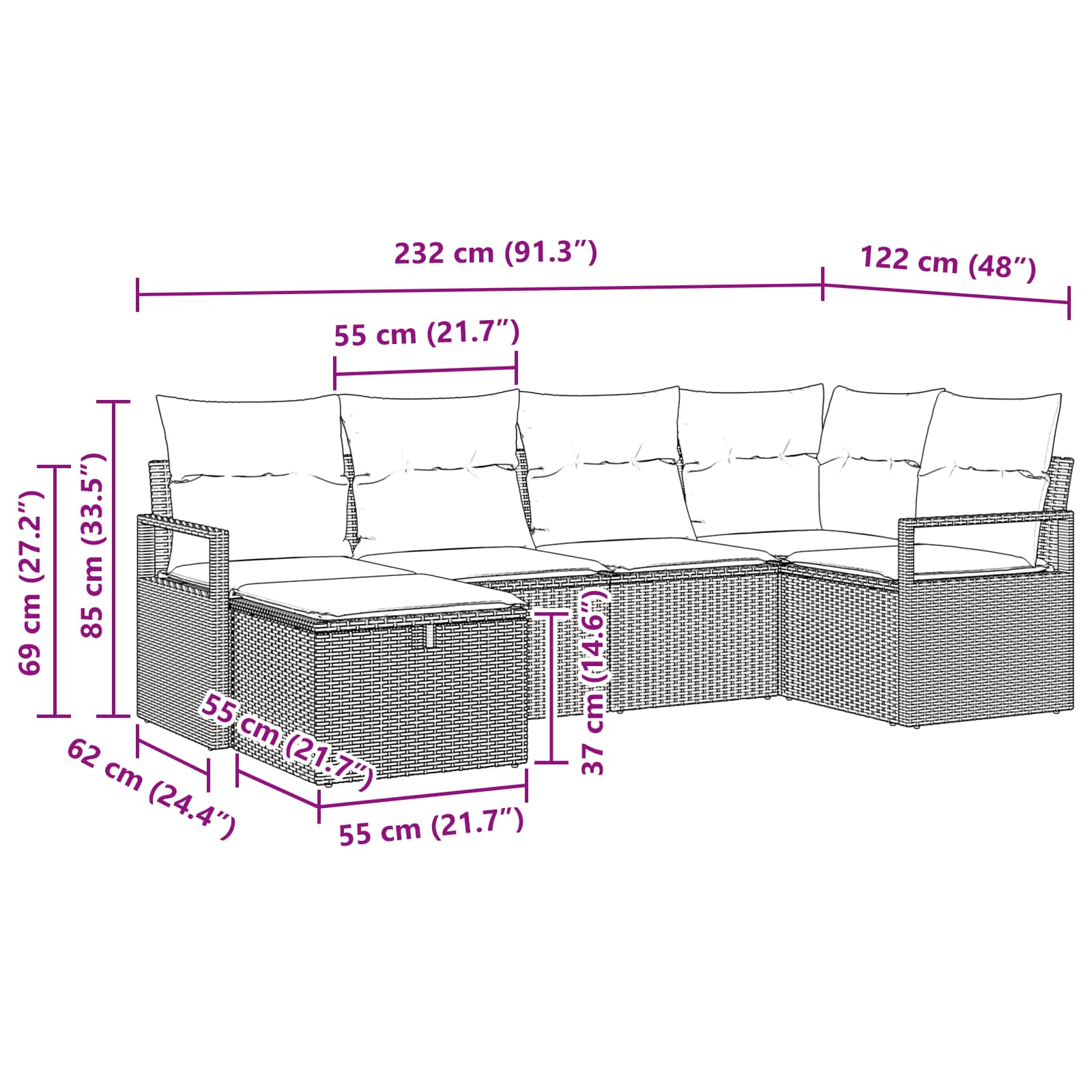 Sofa Set mit Kissen mit Speicher Braun und Rot Poly-Rattan