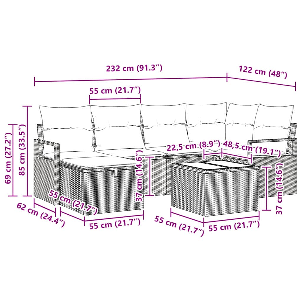 Sofa Set mit Kissen 7 pcs Beige und Hellgrau Poly-Rattan