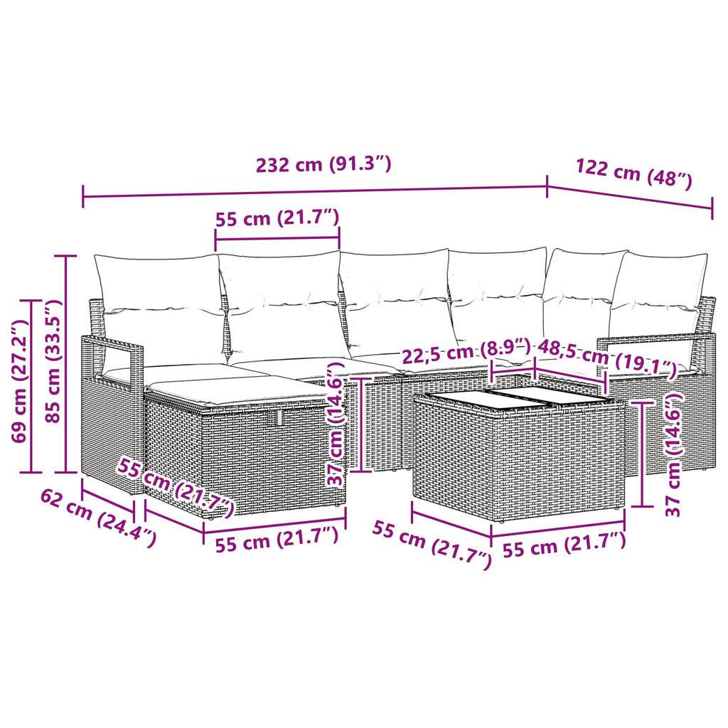 Sofa Set mit Kissen Grau und Marineblau Poly-Rattan