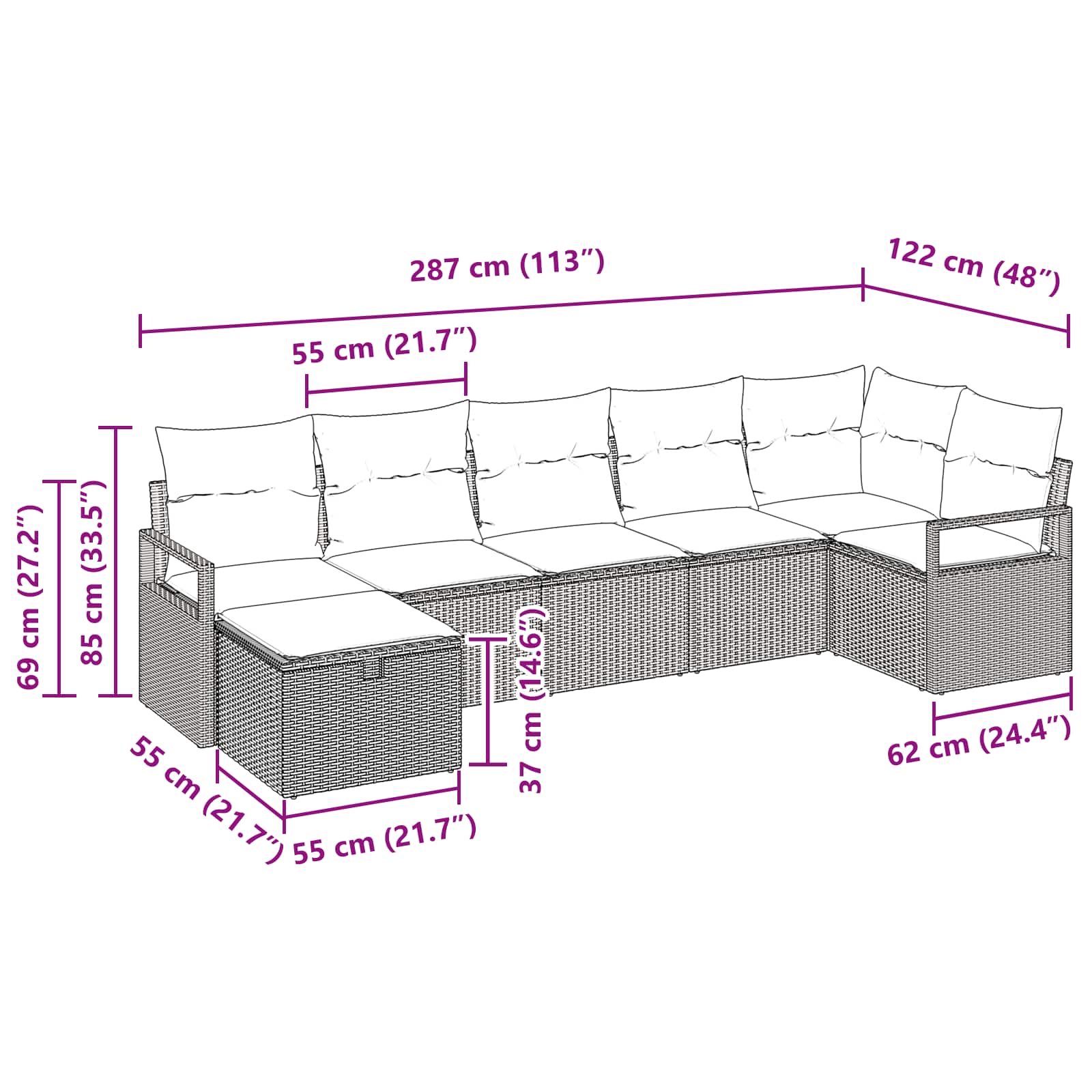 Sofa Set mit Kissen 7 pcs Braun und Rot Poly-Rattan