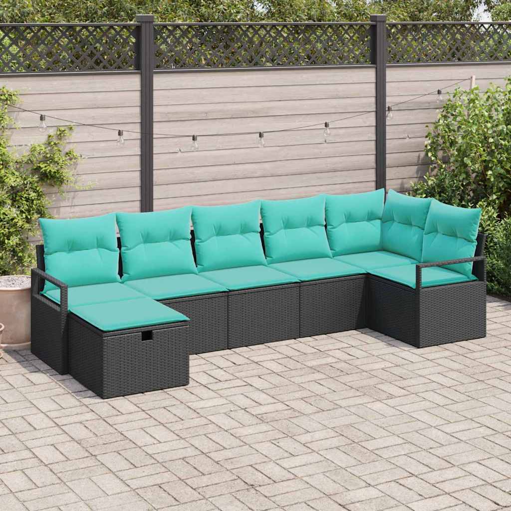 Sofa Set mit Kissen 7 pcs Schwarz und Türkis Poly-Rattan