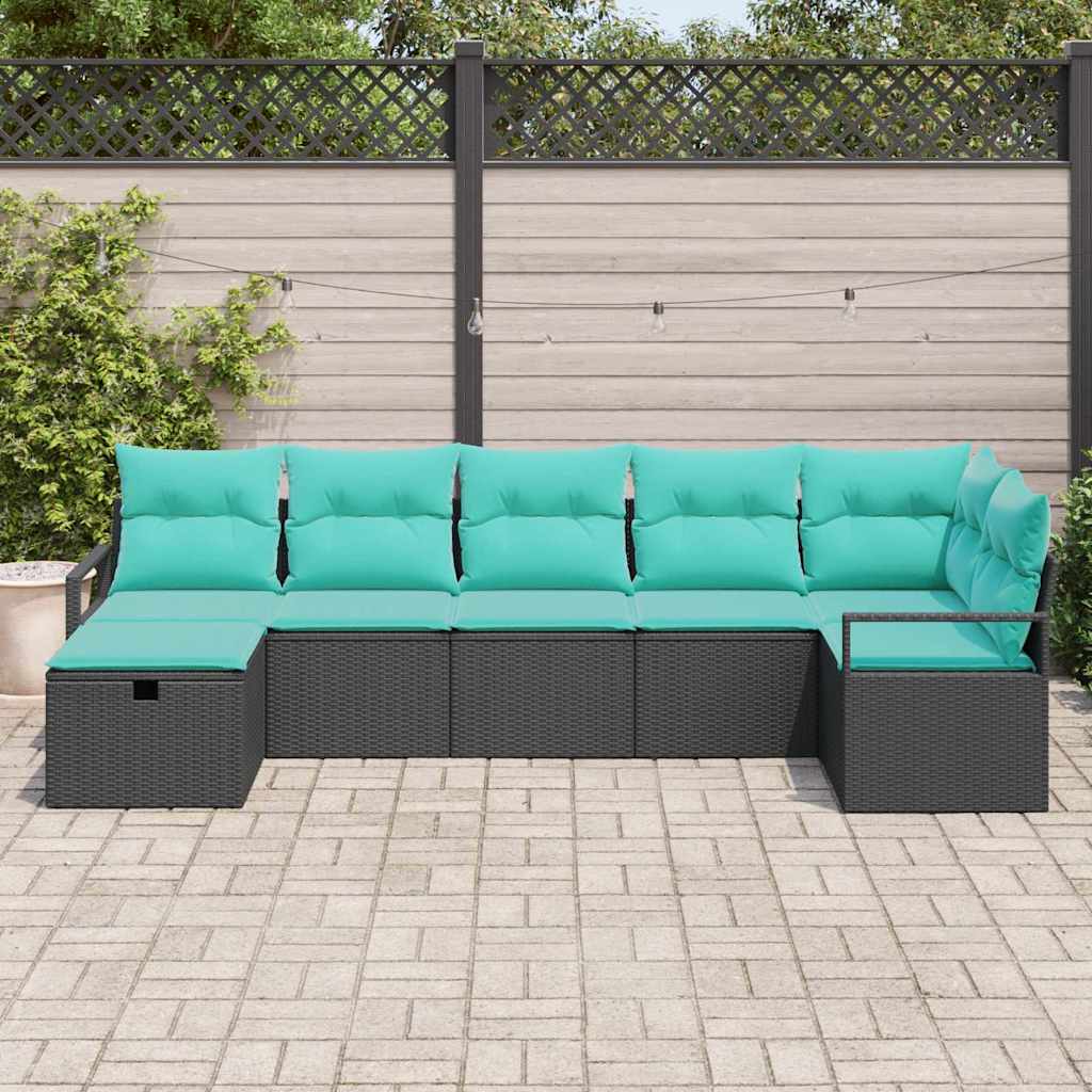 Sofa Set mit Kissen 7 pcs Schwarz und Türkis Poly-Rattan