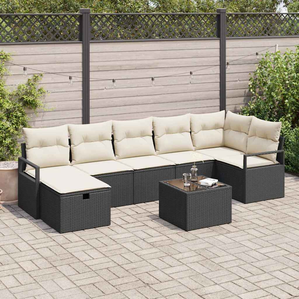 Sofa Set mit Kissen 8 pcs Schwarz und Creme Poly-Rattan