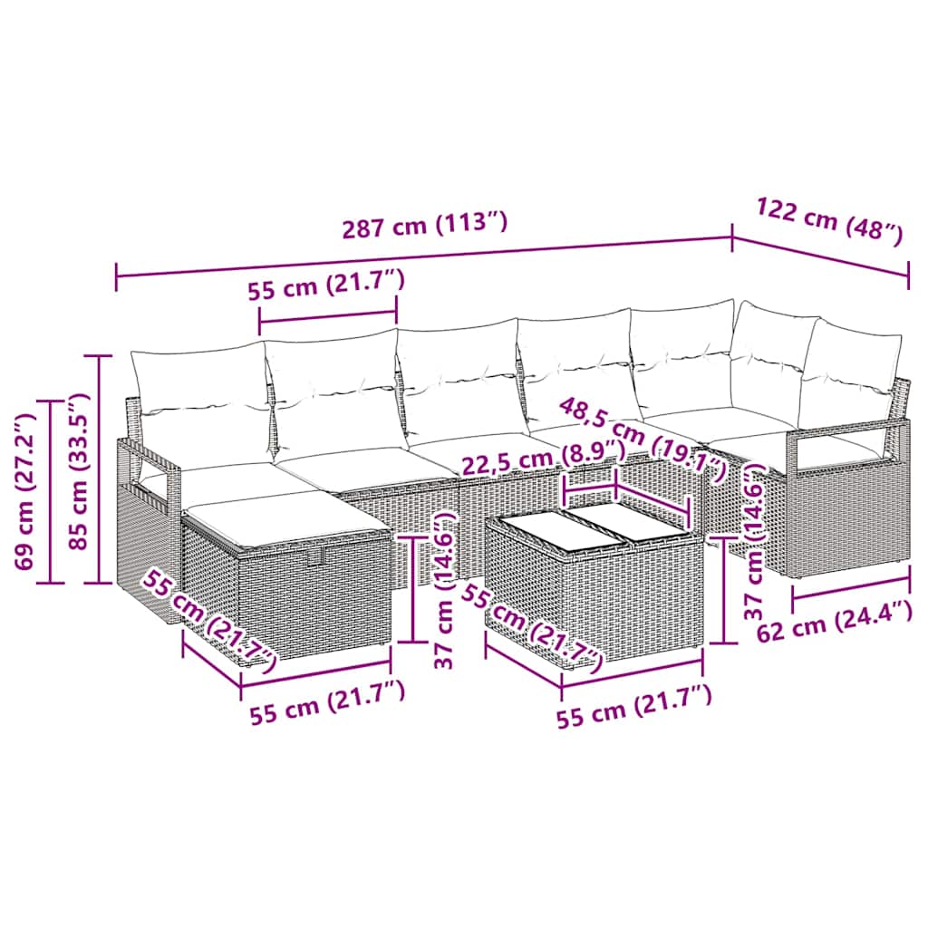 Sofa Set mit Kissen 8 pcs Schwarz und Creme Poly-Rattan