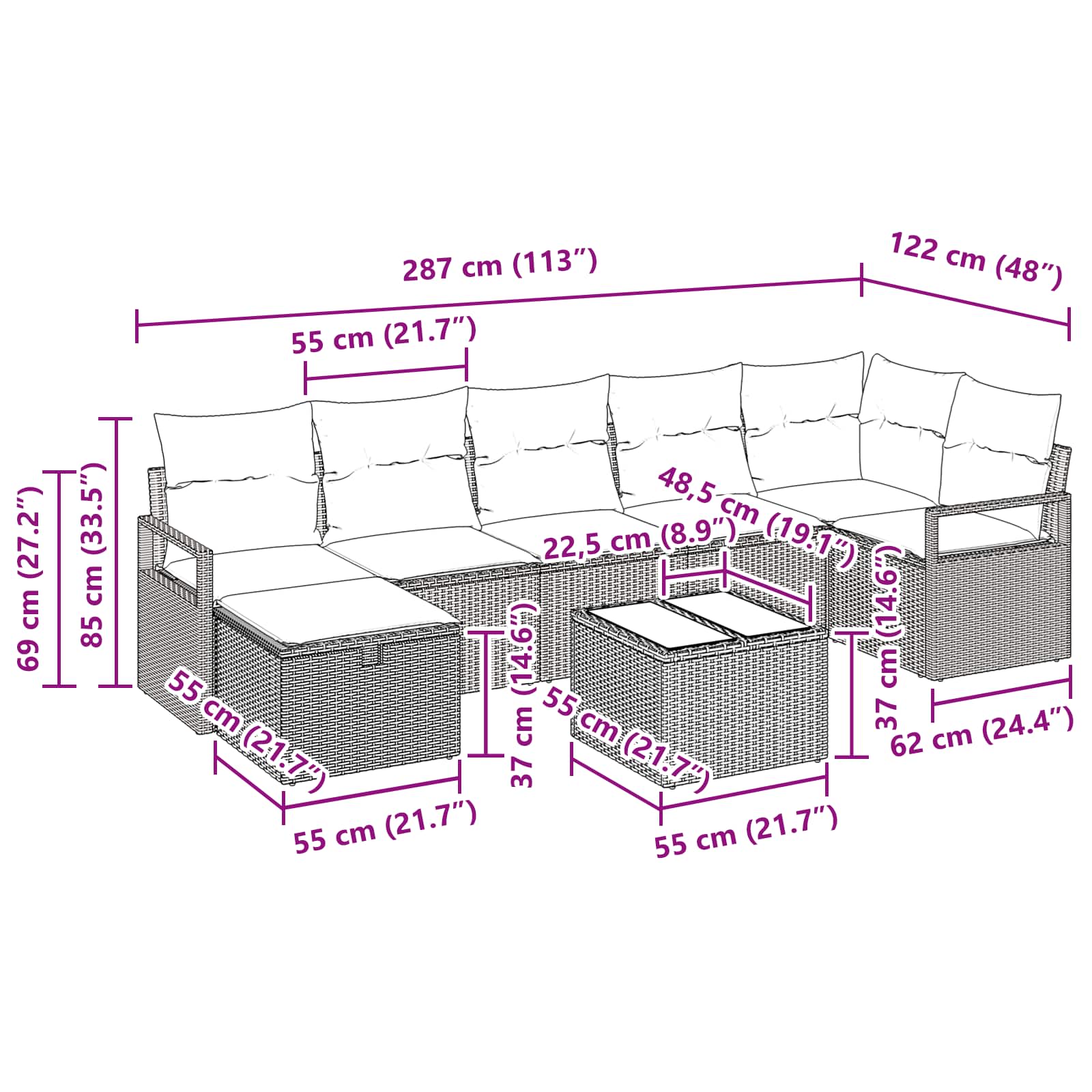 Sofa Set mit Kissen 8 pcs Grau und Marineblau Poly-Rattan