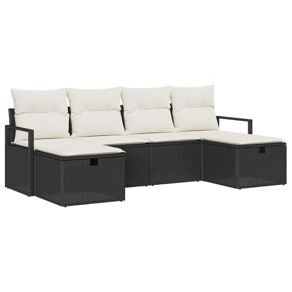 Sofa Set mit Kissen 6 pcs Schwarz und Creme Poly-Rattan