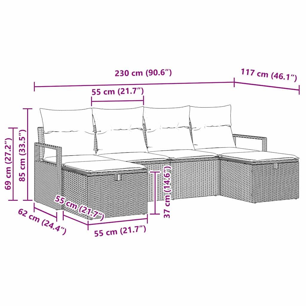 Sofa Set mit Kissen 6 pcs Beige und Hellgrau Poly-Rattan