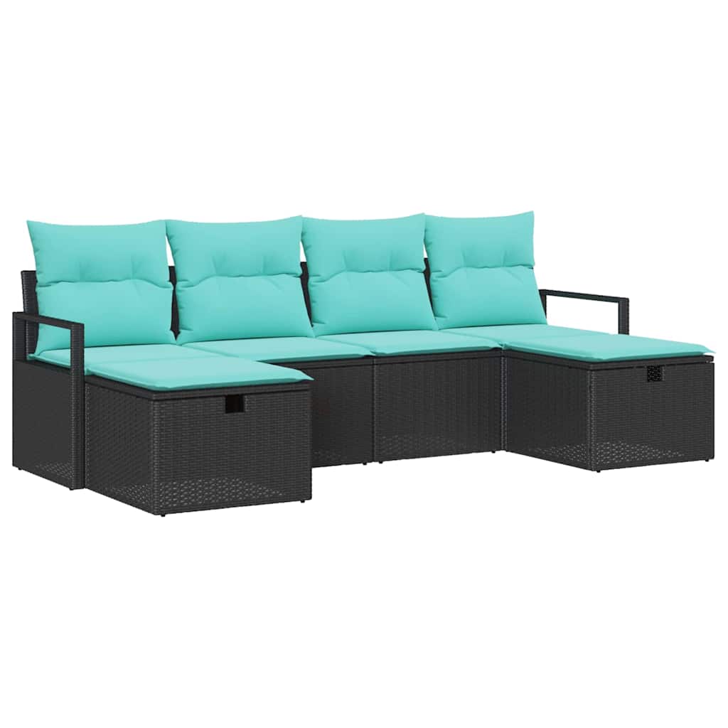 Sofa Set mit Kissen 6 pcs Schwarz und Türkis Poly-Rattan