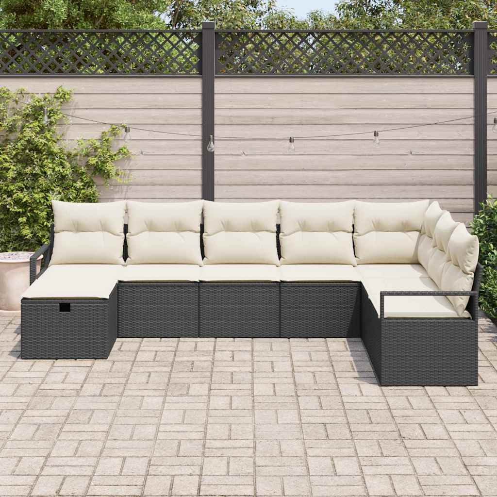 Sofa Set mit Kissen 8 pcs Schwarz und Creme Poly-Rattan
