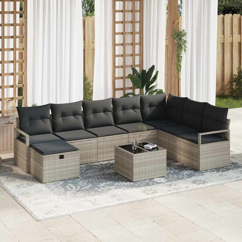 Sofa Set mit Kissen mit Speicher 9 pcs Hellgrau Poly-Rattan