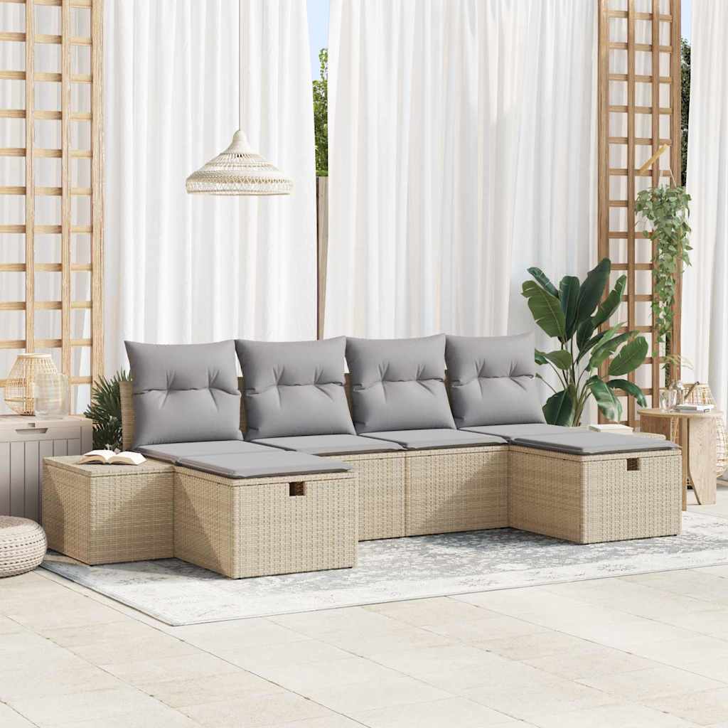 Gartensofa-set mit Kissen mit Speicher 6 pcs Beige Poly-Rattan