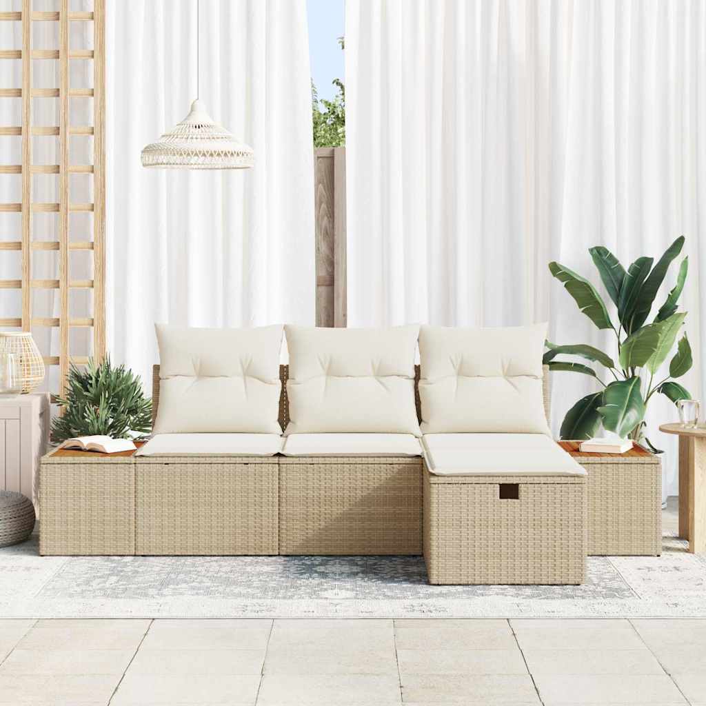 Gartensofa-set mit Kissen mit Speicher 4 pcs Beige Poly-Rattan