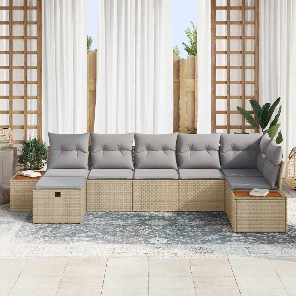 Garten-Sofa-Set mit Kissen 7 pcs Beige Poly Rattan