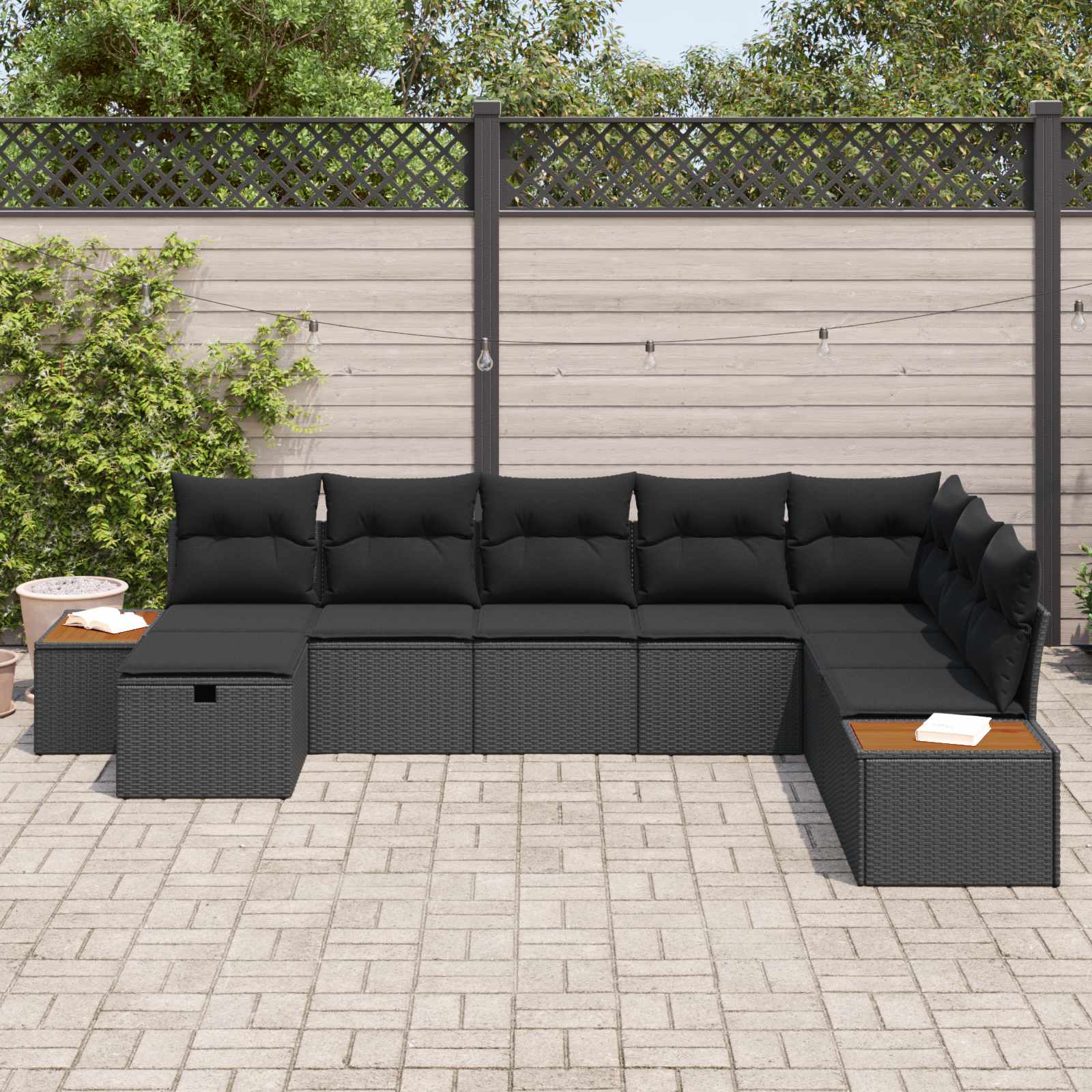 Gartensofa-set mit Kissen mit Speicher Schwarz Poly-Rattan