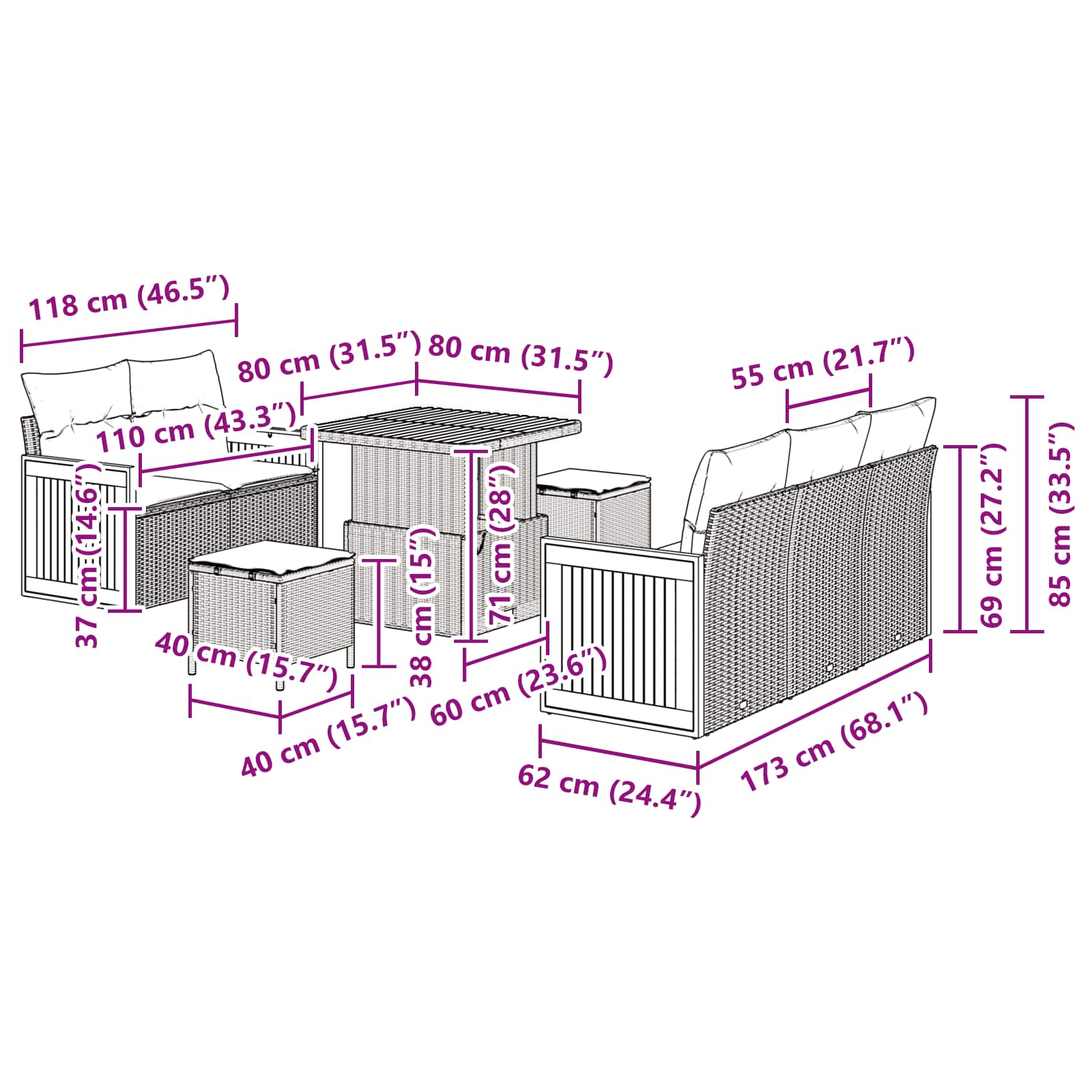 Gartensofa-set mit Kissen 8 pcs Grau