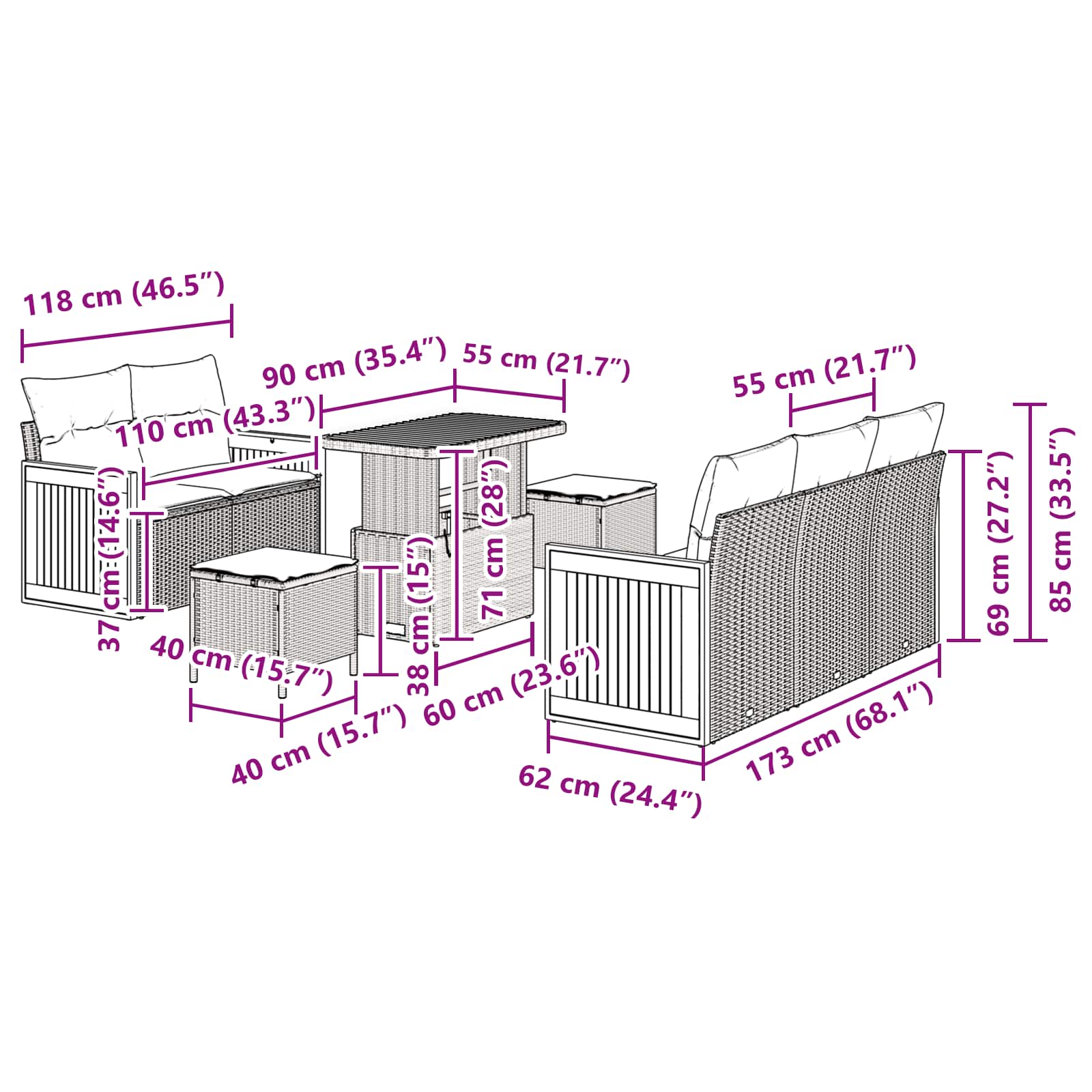 Gartensofa-set mit Kissen 8 pcs Grau