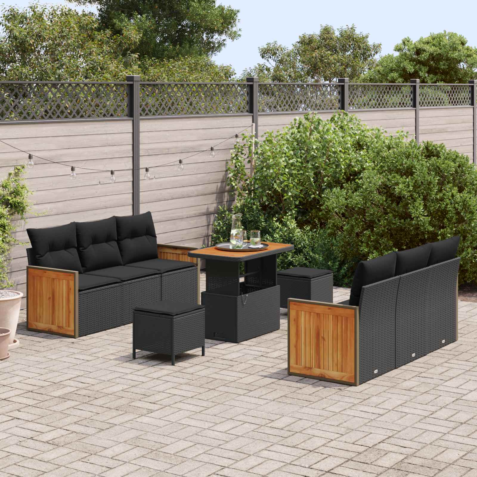 Gartensofa-set mit Kissen 9 pcs Schwarz
