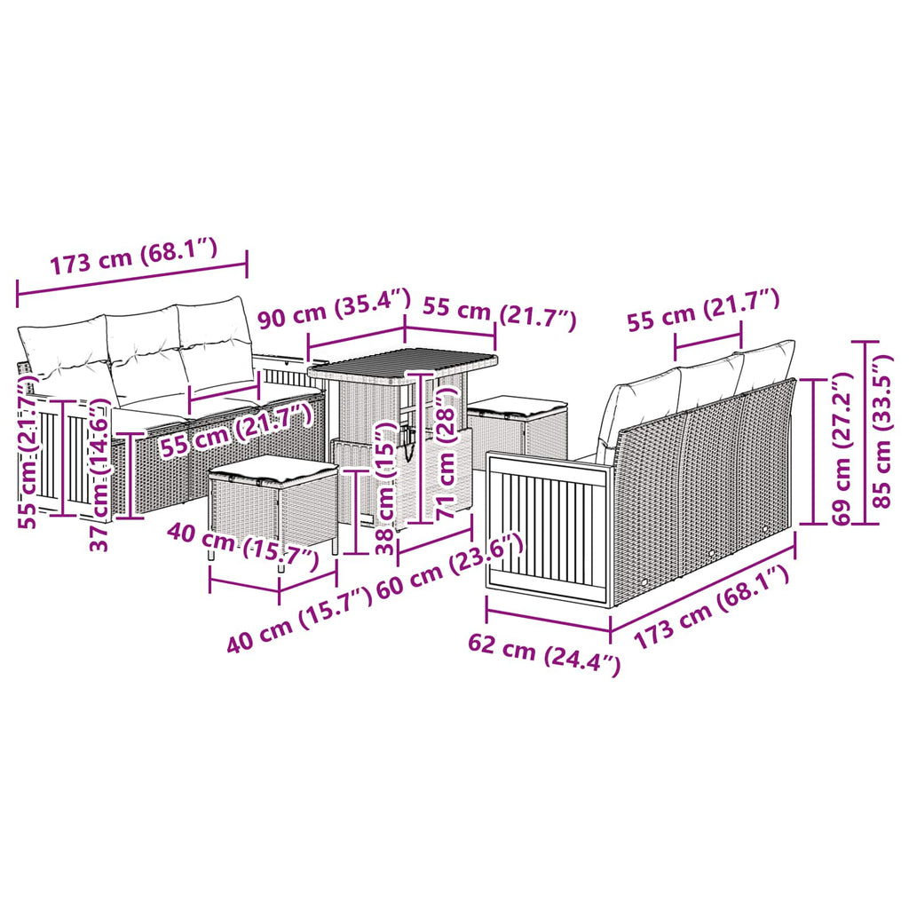 Gartensofa-set mit Kissen 9 pcs Grau