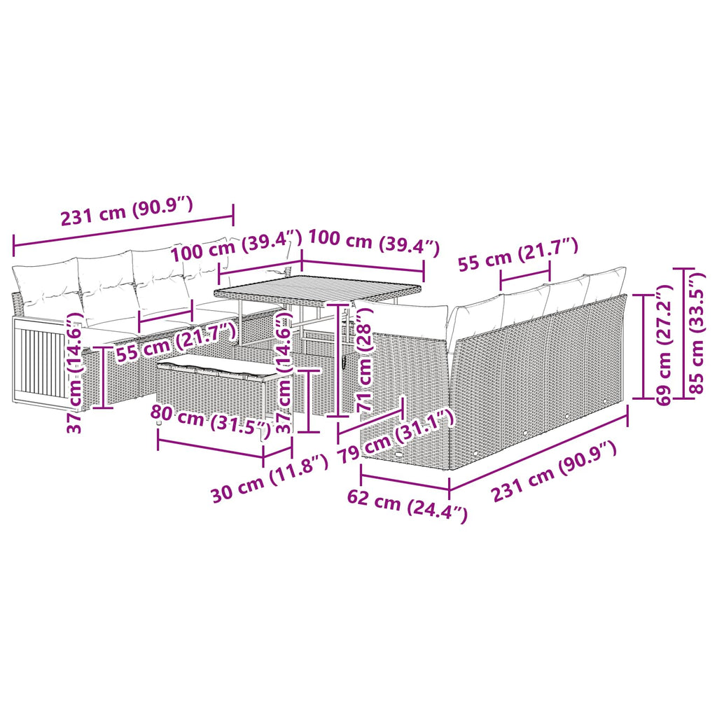 Gartensofa-set mit Kissen 11 pcs Schwarz und Creme