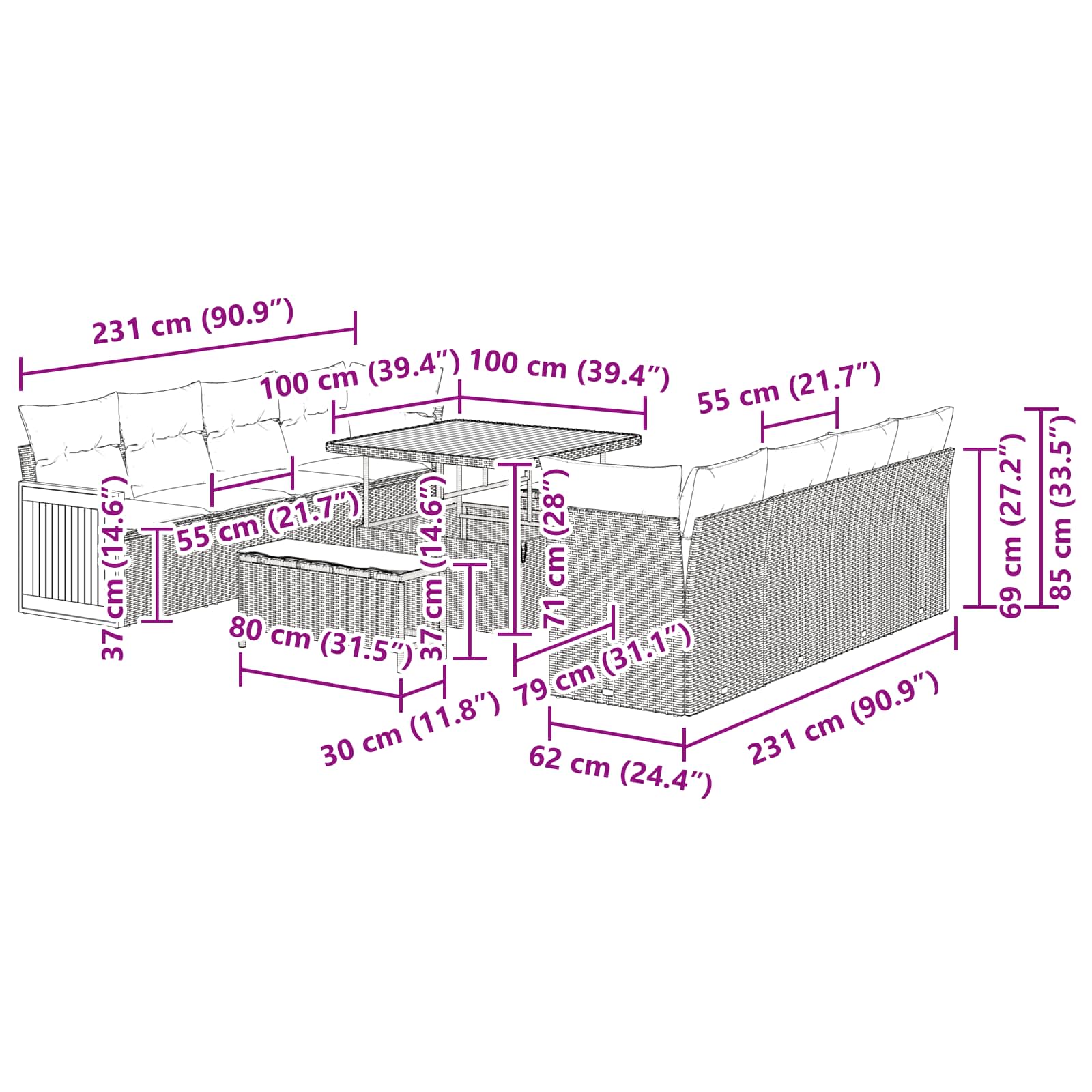 Gartensofa-set mit Kissen 11 pcs Beige und Hellgrau
