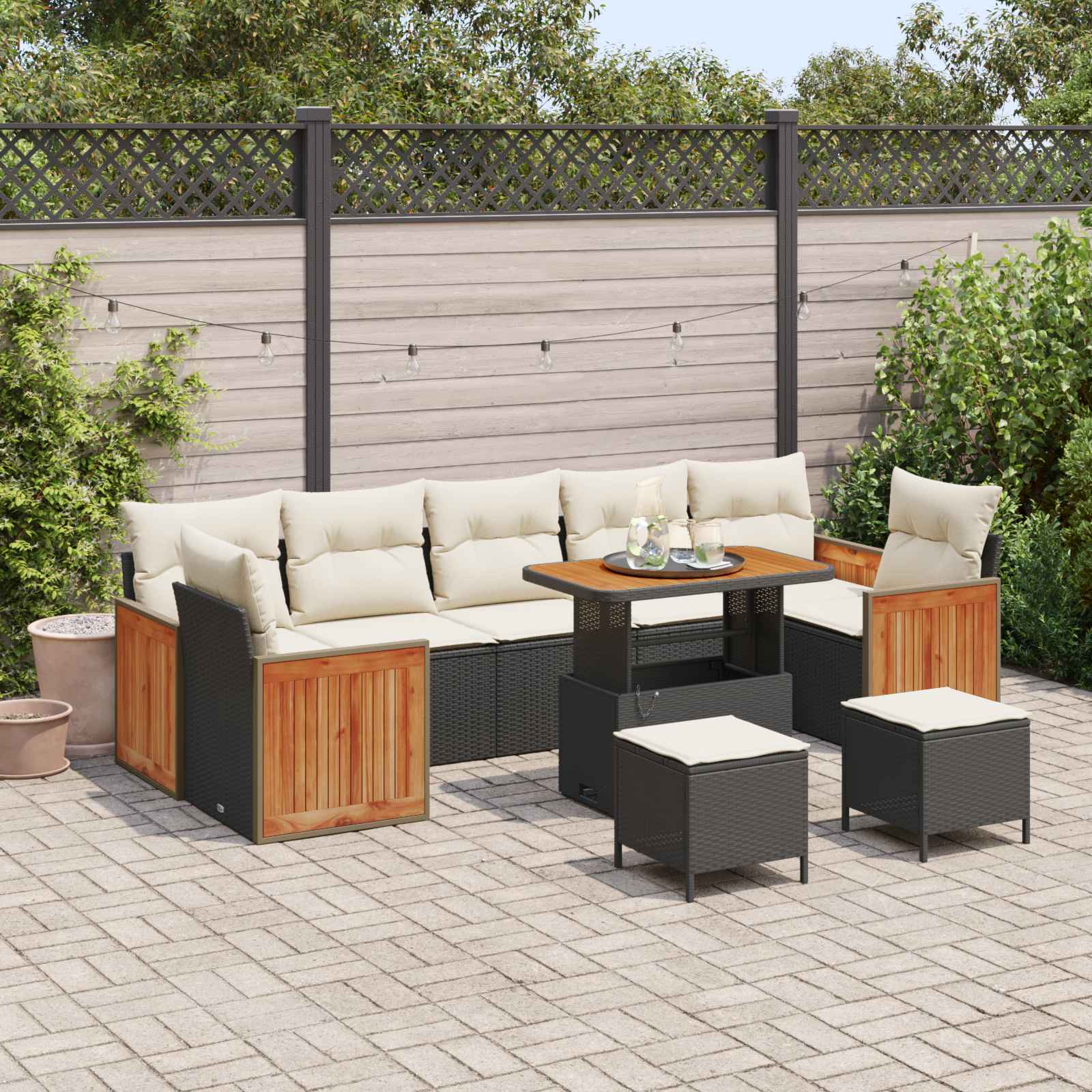 Gartensofa-set mit Kissen 10 pcs Schwarz und Creme