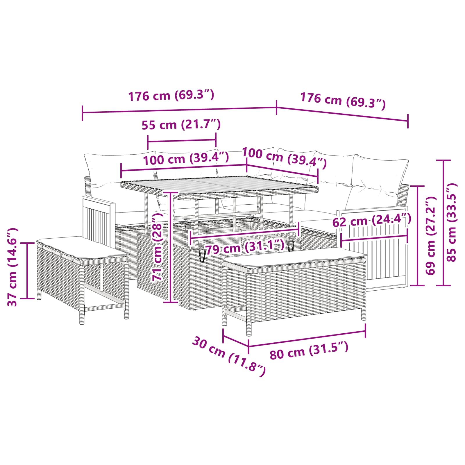 Gartensofa-set mit Kissen 8 pcs Schwarz und Creme