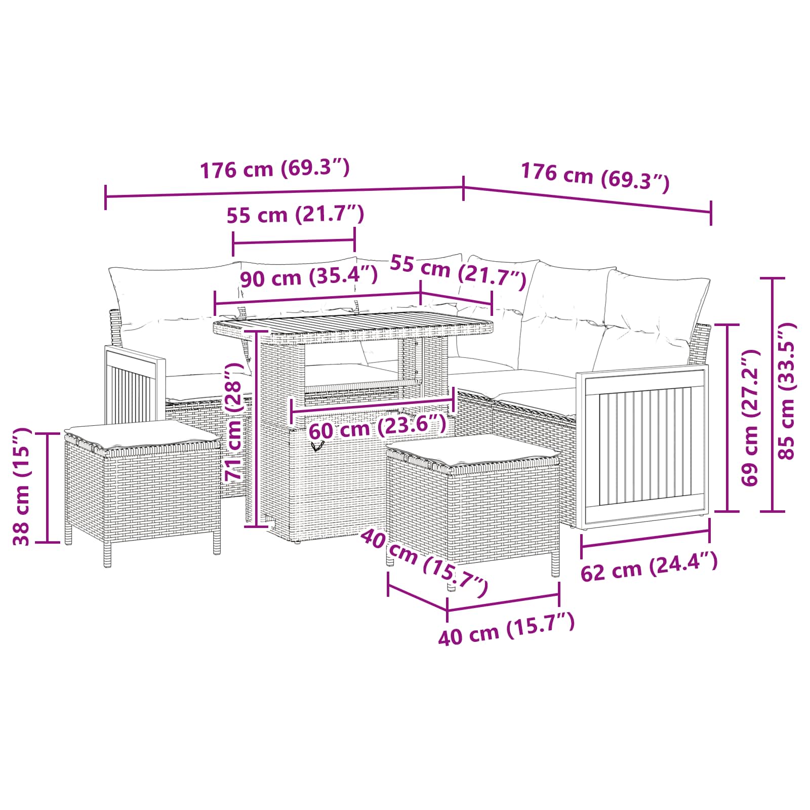Gartensofa-set mit Kissen 8 pcs Schwarz