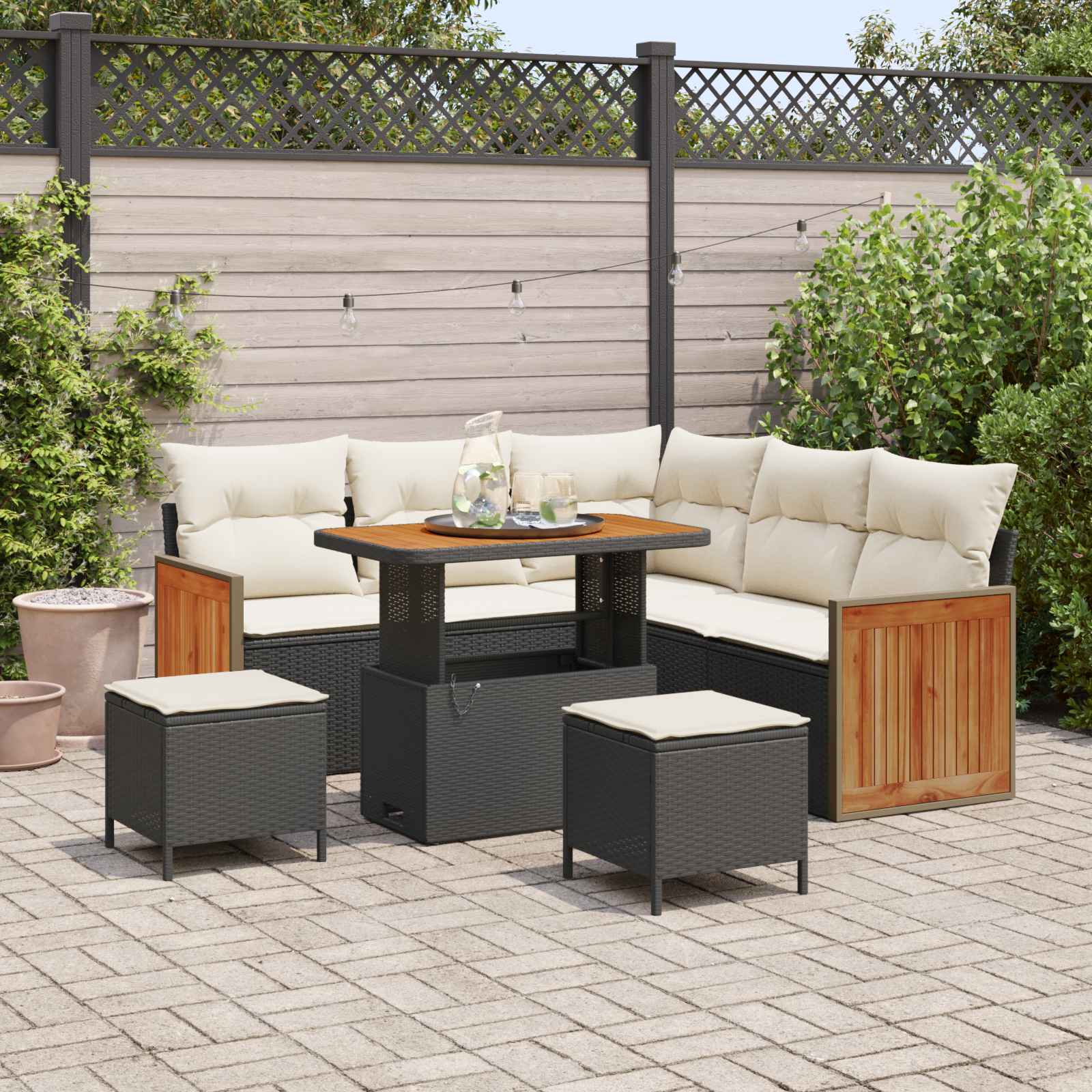 Gartensofa-set mit Kissen 8 pcs Schwarz und Creme