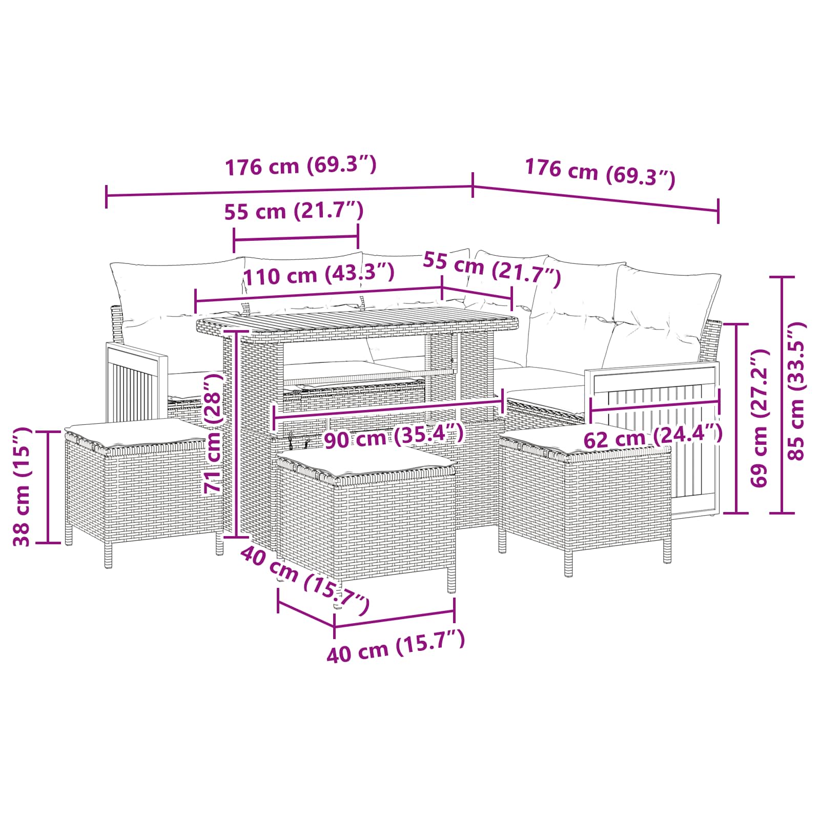 Gartensofa-set mit Kissen 9 pcs Schwarz und Creme