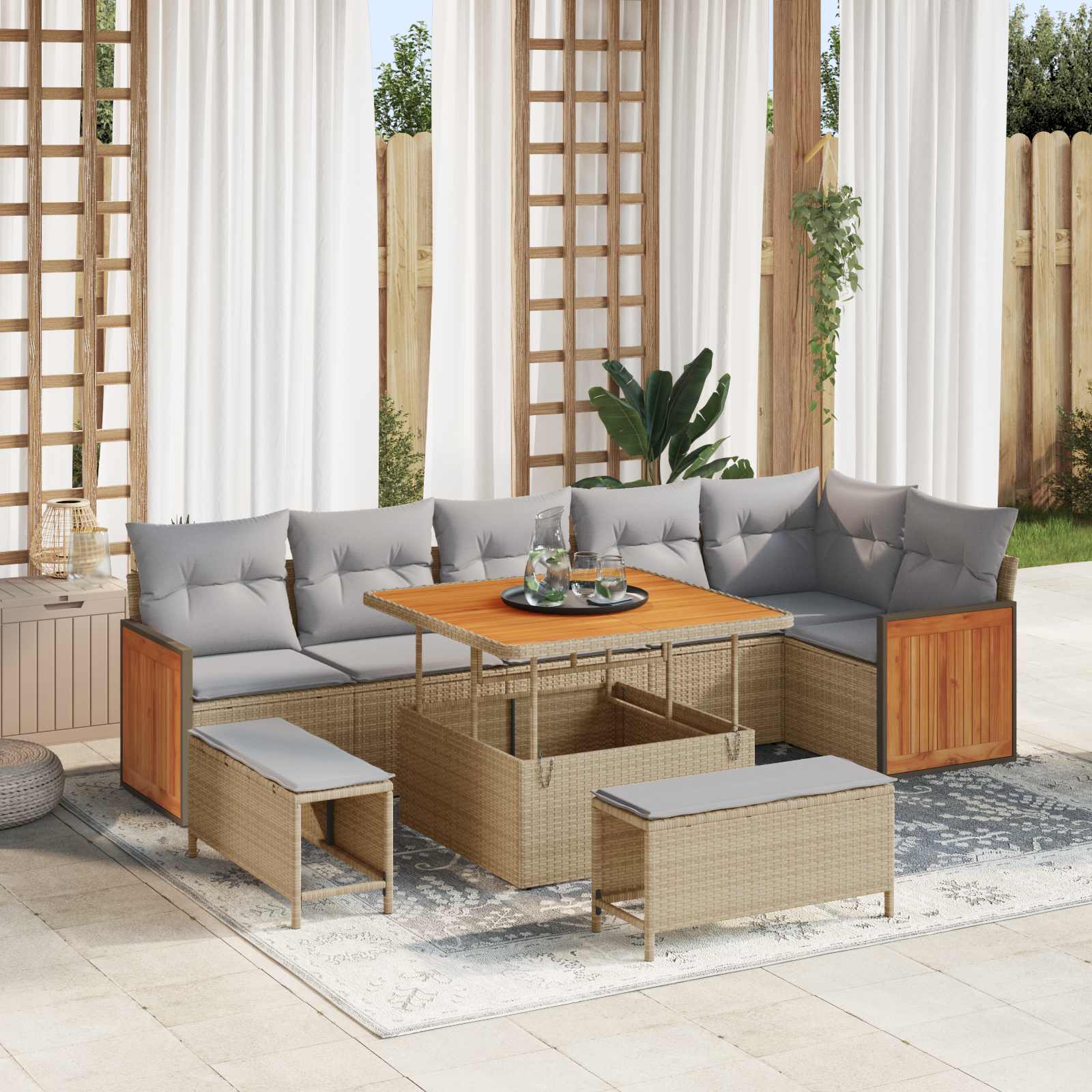 Gartensofa-set mit Kissen 9 pcs Beige und Hellgrau