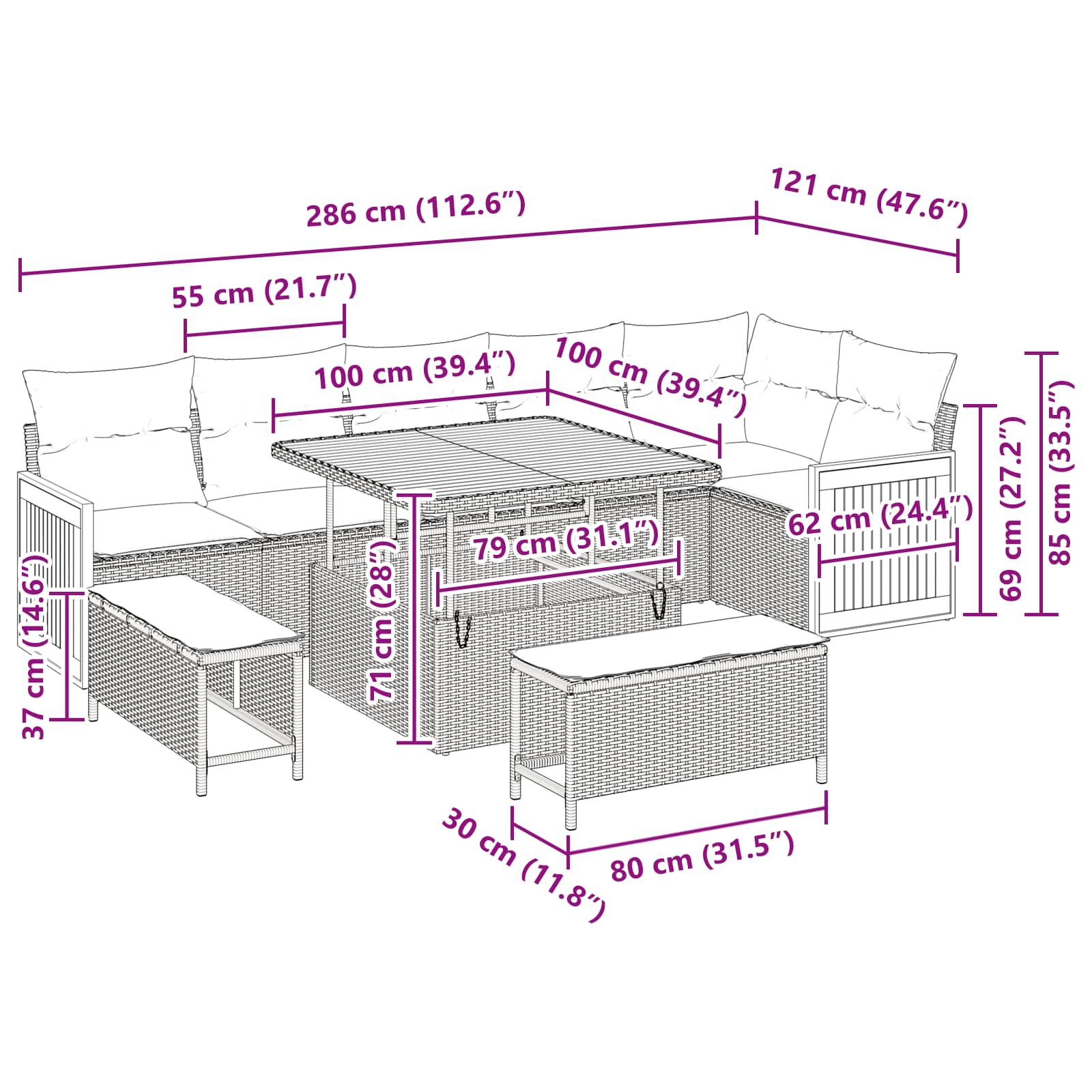 Gartensofa-set mit Kissen 9 pcs Grau