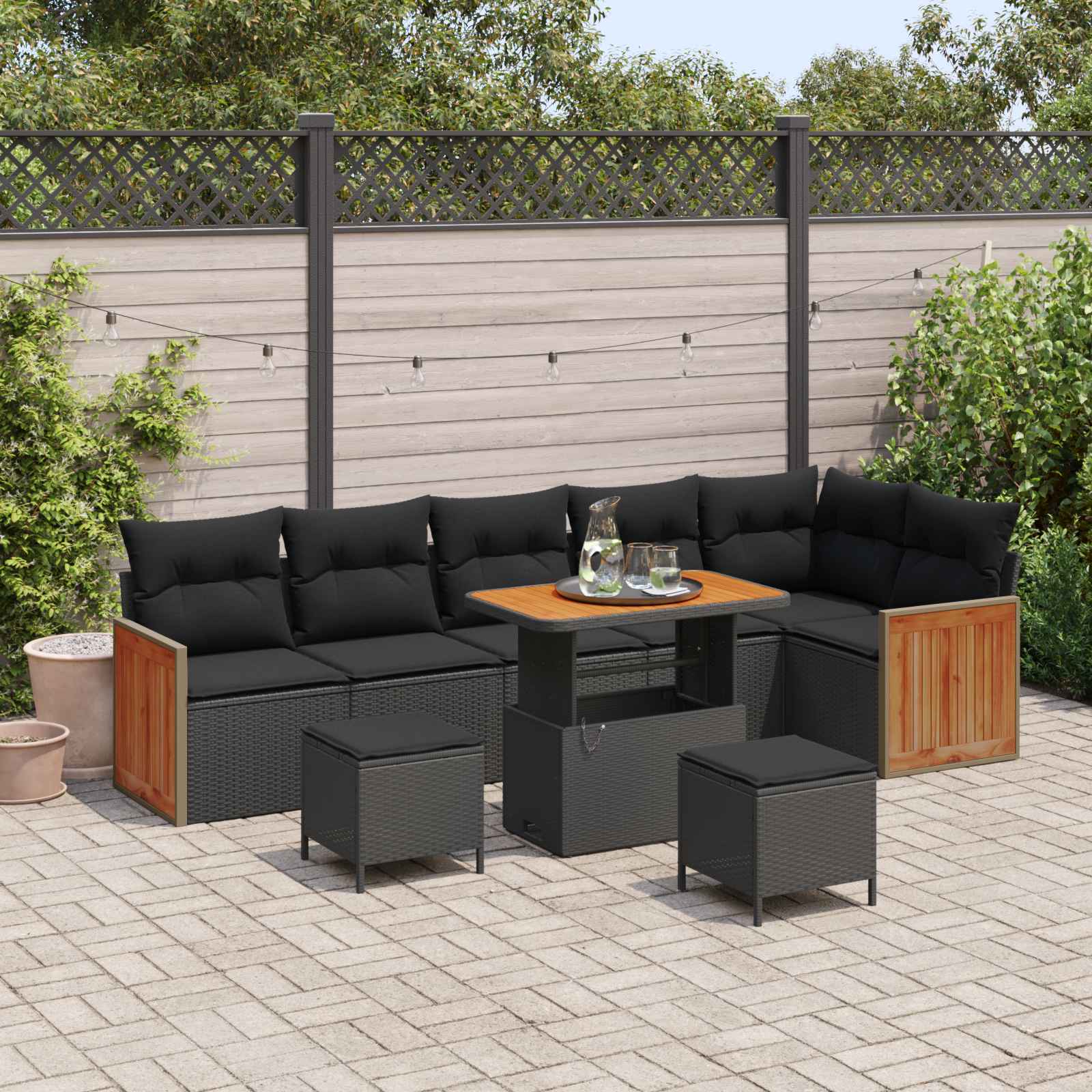 Gartensofa-set mit Kissen 9 pcs Schwarz