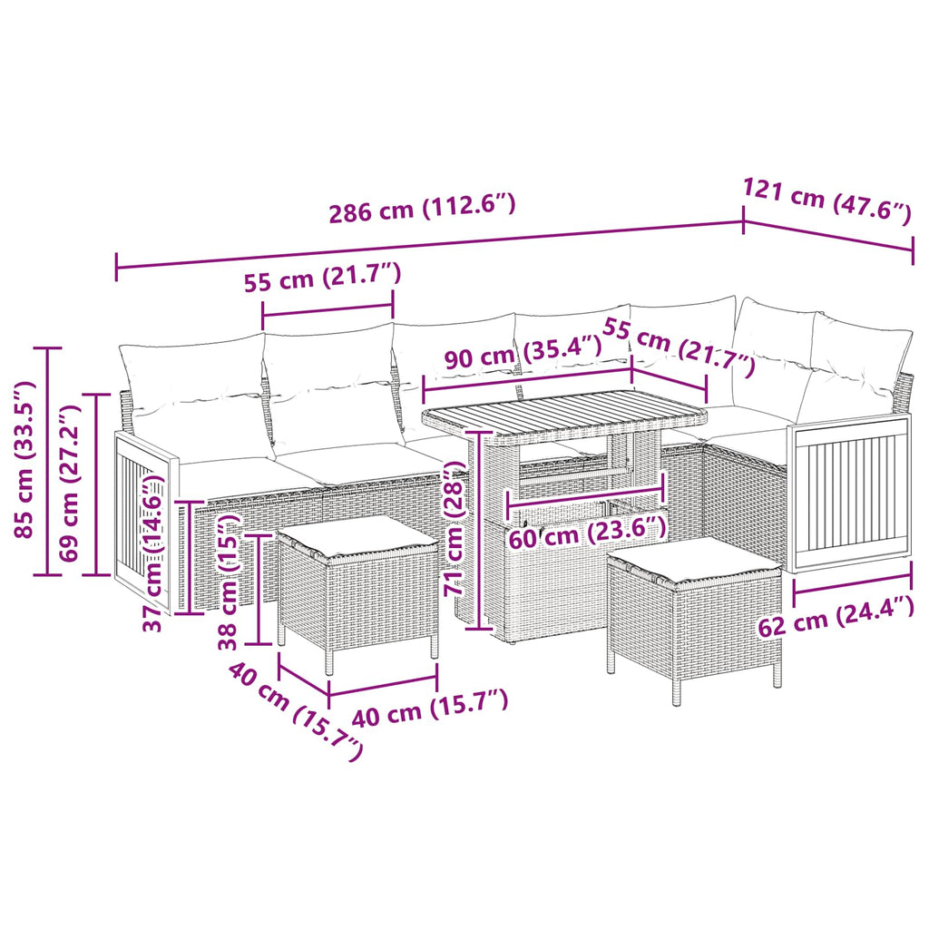 Gartensofa-set mit Kissen 9 pcs Schwarz und Creme